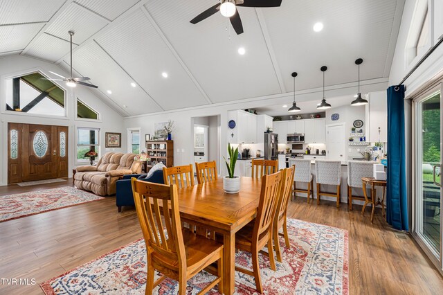 271 Laurel Way, Mountain City, TN 37683 - dining room featuring a ceiling fan, high vaulted ceiling, light wood finished floors, and recessed lighting