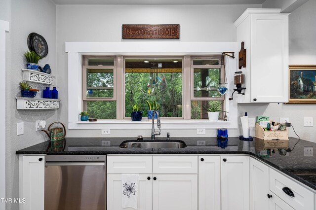 271 Laurel Way, Mountain City, TN 37683 - kitchen featuring dishwasher, a sink, white cabinets, and dark stone counters
