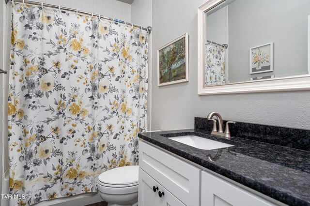 271 Laurel Way, Mountain City, TN 37683 - bathroom featuring vanity, toilet, curtained shower, and a textured wall