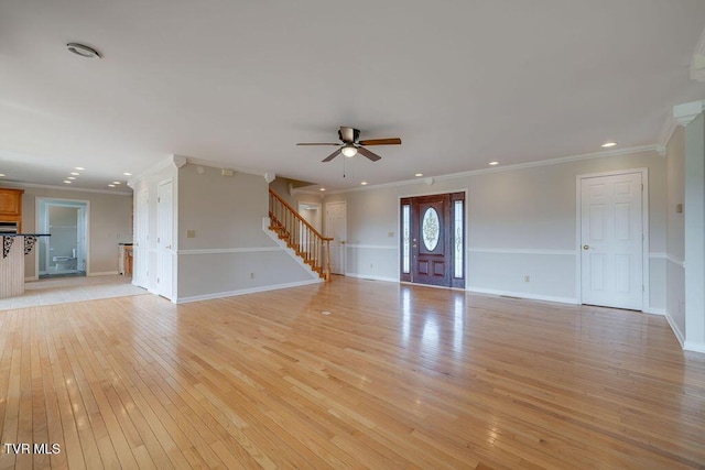 229 Ridgecrest Rd, Jonesborough, TN 37659 - unfurnished living room featuring stairs, light wood-style flooring, ceiling fan, recessed lighting, and ornamental molding