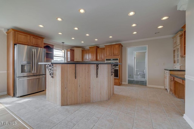 229 Ridgecrest Rd, Jonesborough, TN 37659 - kitchen featuring stainless steel fridge, crown molding, recessed lighting, dark countertops, and a center island