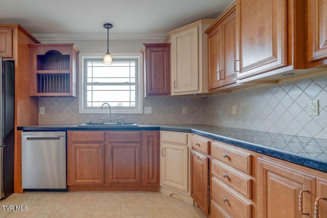 229 Ridgecrest Rd, Jonesborough, TN 37659 - kitchen featuring dishwasher, a sink, freestanding refrigerator, decorative backsplash, and crown molding