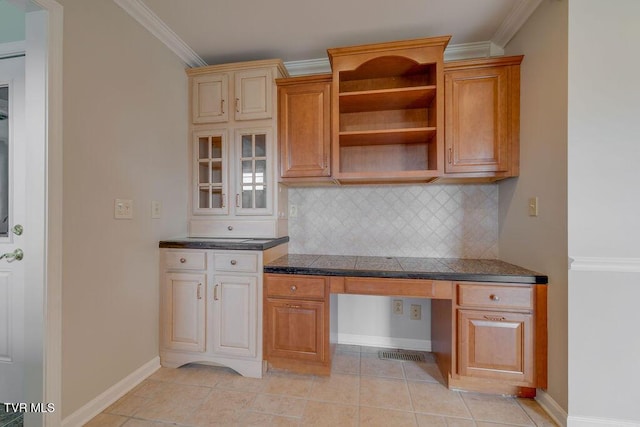 229 Ridgecrest Rd, Jonesborough, TN 37659 - kitchen with tasteful backsplash, dark countertops, ornamental molding, baseboards, and glass insert cabinets