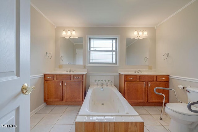 229 Ridgecrest Rd, Jonesborough, TN 37659 - full bathroom featuring a bath, two vanities, tile patterned floors, toilet, and a chandelier