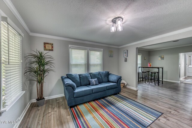 105 Crossway Rd, Bristol, VA 24201 - living room with wood finished floors, baseboards, a textured ceiling, and crown molding