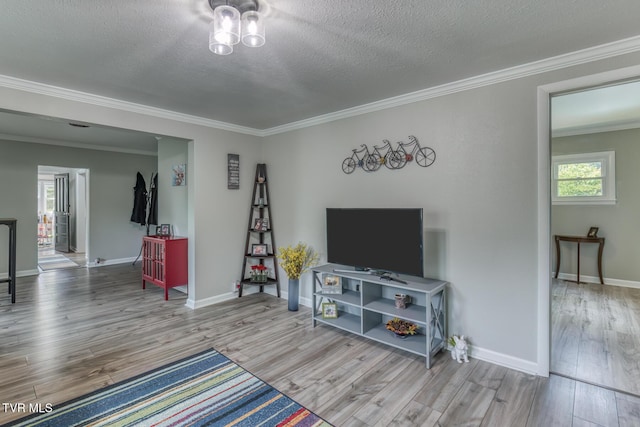 105 Crossway Rd, Bristol, VA 24201 - living room with wood finished floors, ornamental molding, a textured ceiling, and baseboards