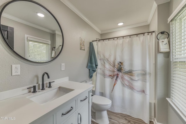 105 Crossway Rd, Bristol, VA 24201 - bathroom featuring toilet, vanity, crown molding, wood finished floors, and a shower with curtain