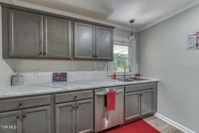105 Crossway Rd, Bristol, VA 24201 - kitchen featuring dishwasher, a sink, backsplash, light wood-style flooring, and ornamental molding