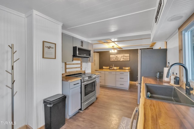 136 Beecher Holtsclaw Rd, Roan Mountain, TN 37687 - kitchen with appliances with stainless steel finishes, a sink, butcher block countertops, light wood finished floors, and gray cabinetry