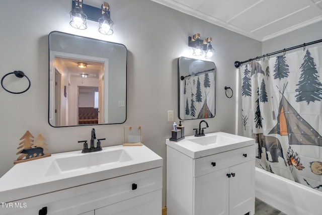 136 Beecher Holtsclaw Rd, Roan Mountain, TN 37687 - bathroom with two vanities, shower / bath combo, and crown molding