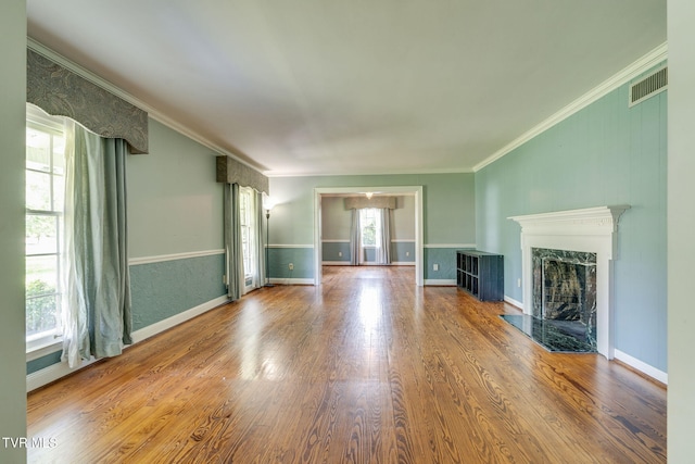 421 High Ridge Rd, Kingsport, TN 37660 - unfurnished living room with a premium fireplace, wood finished floors, ornamental molding, and baseboards