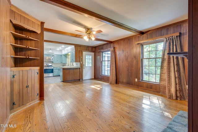 421 High Ridge Rd, Kingsport, TN 37660 - unfurnished living room with healthy amount of natural light, light wood-style flooring, ornamental molding, a ceiling fan, and wooden walls