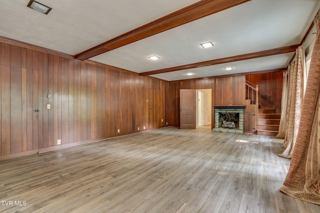 421 High Ridge Rd, Kingsport, TN 37660 - unfurnished living room with beamed ceiling, stairs, light wood-type flooring, wooden walls, and a stone fireplace