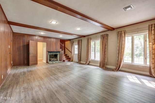 421 High Ridge Rd, Kingsport, TN 37660 - unfurnished living room with beam ceiling, light wood-type flooring, baseboards, wooden walls, and a fireplace