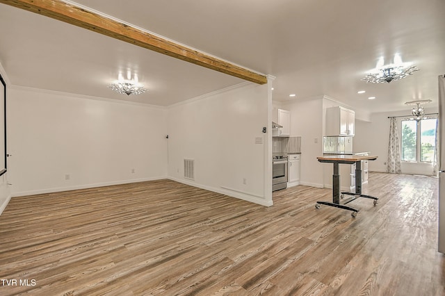 14191 King Mill Pike, Bristol, VA 24202 - unfurnished living room with light wood-type flooring, recessed lighting, baseboards, ornamental molding, and a chandelier