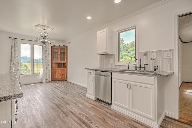 14191 King Mill Pike, Bristol, VA 24202 - kitchen featuring dishwasher, a sink, light stone countertops, white cabinetry, and a chandelier