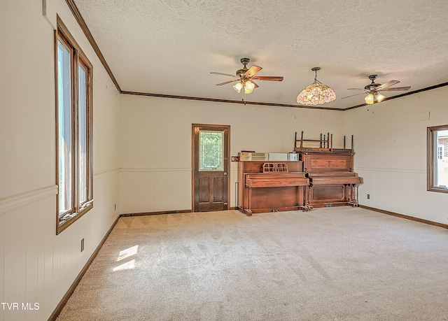 14191 King Mill Pike, Bristol, VA 24202 - spare room featuring a ceiling fan, a textured ceiling, carpet flooring, a wainscoted wall, and crown molding