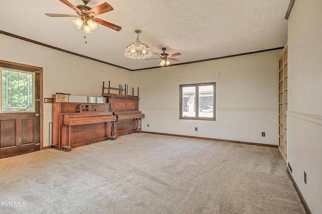 14191 King Mill Pike, Bristol, VA 24202 - unfurnished room featuring ceiling fan, carpet flooring, ornamental molding, a textured ceiling, and wainscoting