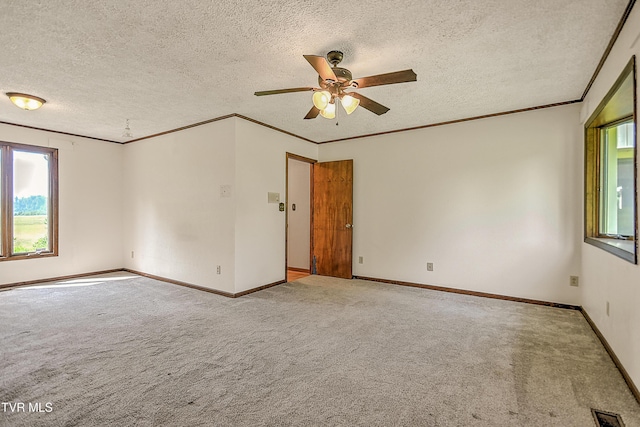 14191 King Mill Pike, Bristol, VA 24202 - spare room featuring carpet floors, a ceiling fan, a textured ceiling, baseboards, and ornamental molding