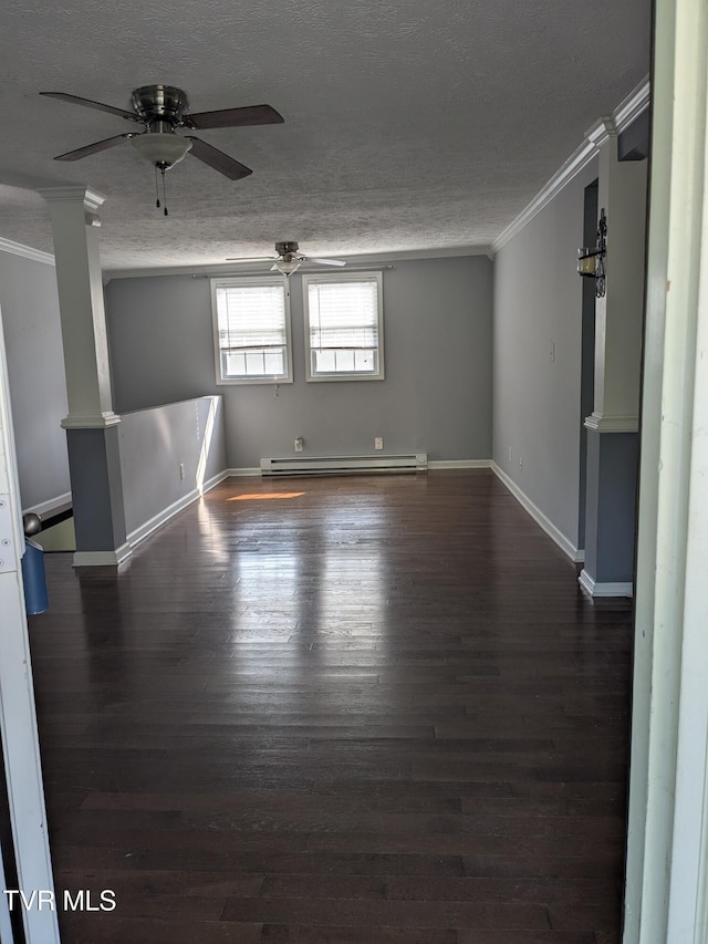 1319 5th St, Bristol, TN 37620 - unfurnished room featuring a baseboard radiator, a ceiling fan, crown molding, wood finished floors, and a textured ceiling