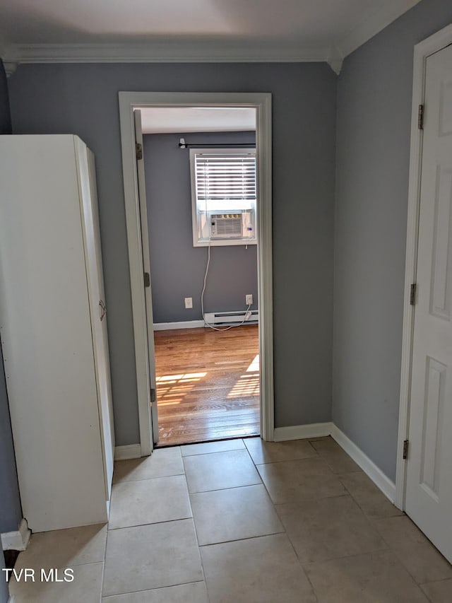 1319 5th St, Bristol, TN 37620 - corridor with ornamental molding, baseboard heating, light tile patterned floors, baseboards, and cooling unit