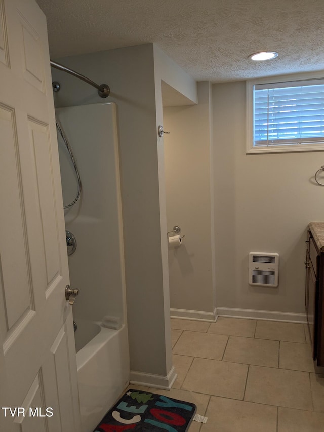 1319 5th St, Bristol, TN 37620 - bathroom featuring vanity, baseboards, heating unit, a textured ceiling, and tile patterned flooring