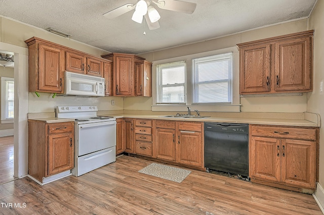 1725 Highland St, Kingsport, TN 37664 - kitchen featuring white appliances, a sink, a textured ceiling, brown cabinetry, and light wood-style flooring
