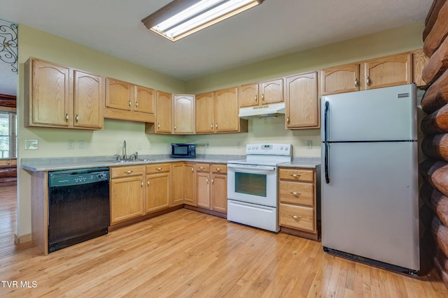 366 Judge Ben Allen Rd, Elizabethton, TN 37643 - kitchen with black appliances, under cabinet range hood, a sink, light brown cabinets, and light wood-type flooring
