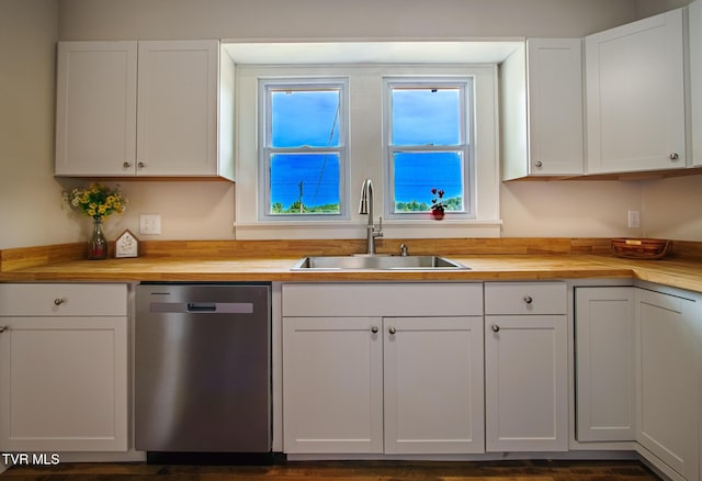 740 Fishpond Rd, Chuckey, TN 37641 - kitchen with dishwasher, wood counters, and white cabinetry