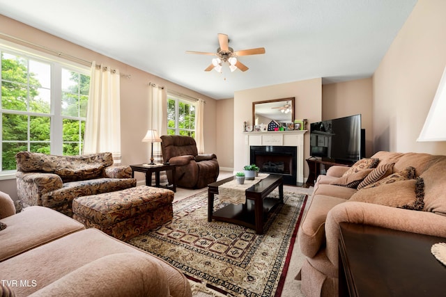 2898 Watauga Rd, Johnson City, TN 37601 - living area with ceiling fan and a fireplace