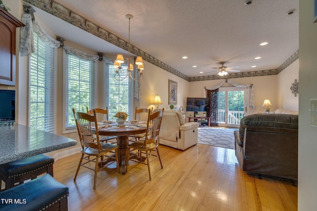 100 Pointe Dr, Piney Flats, TN 37686 - dining space with a textured ceiling, light wood-style floors, a chandelier, a ceiling fan, and recessed lighting