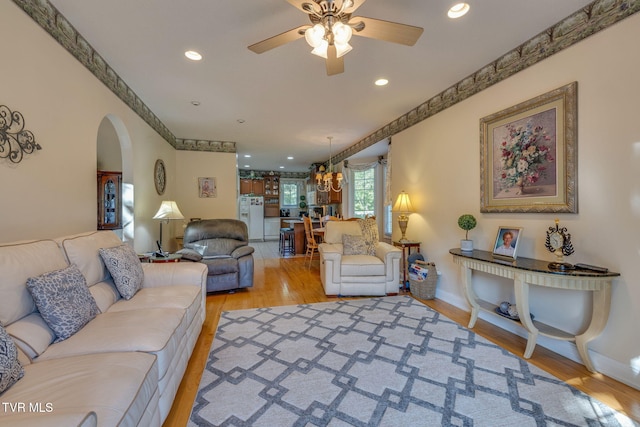 100 Pointe Dr, Piney Flats, TN 37686 - living area with arched walkways, ceiling fan, light wood-style flooring, baseboards, and recessed lighting