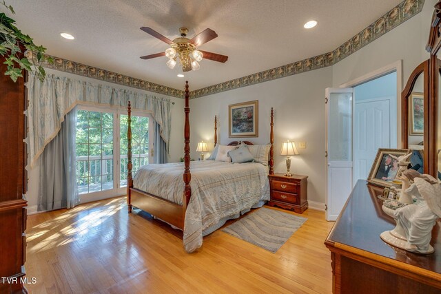 100 Pointe Dr, Piney Flats, TN 37686 - bedroom featuring access to outside, light wood-style floors, a textured ceiling, baseboards, and a ceiling fan