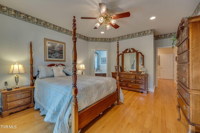 100 Pointe Dr, Piney Flats, TN 37686 - bedroom featuring light wood-style floors, recessed lighting, ensuite bathroom, ceiling fan, and baseboards