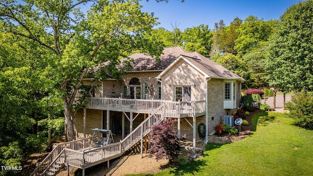 100 Pointe Dr, Piney Flats, TN 37686 - back of property featuring stairs, a deck, brick siding, central air condition unit, and roof with shingles