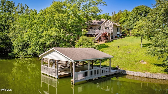 100 Pointe Dr, Piney Flats, TN 37686 - dock with a lawn, stairs, and a deck with water view
