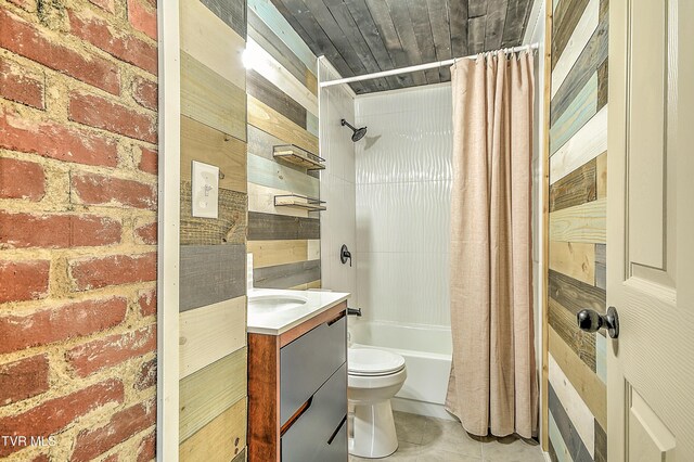 165 Hughes St, Bristol, VA 24201 - bathroom featuring toilet, shower / tub combo with curtain, vanity, tile patterned floors, and wood walls