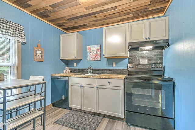 165 Hughes St, Bristol, VA 24201 - kitchen with black electric range, dishwasher, under cabinet range hood, wooden ceiling, and a sink