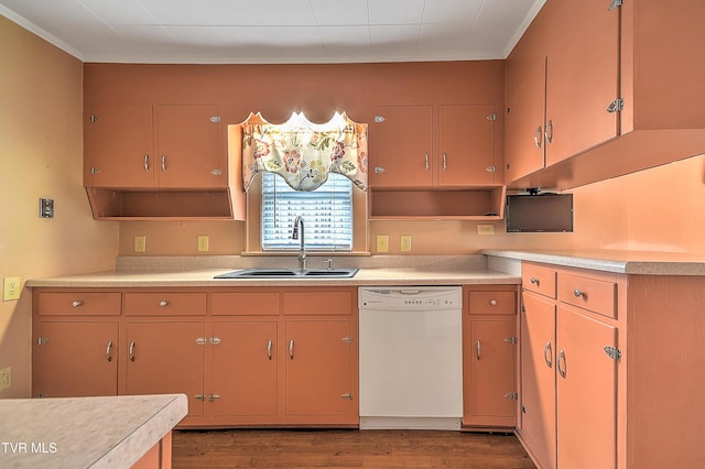 1241 Carolina Ave, Bristol, TN 37620 - kitchen with white dishwasher, a sink, light countertops, wood finished floors, and crown molding