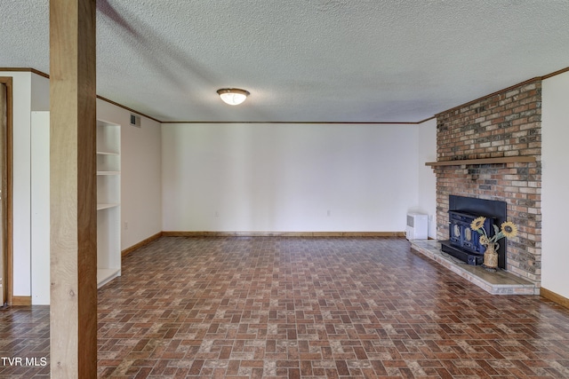 296 Redstone Dr, Bluff City, TN 37618 - unfurnished living room with brick patterned floors, baseboards, crown molding, and a textured ceiling
