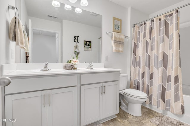 1058 Raccoon Ln, Piney Flats, TN 37686 - full bathroom with toilet, double vanity, and shower / bath combination with curtain