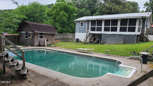 1315 Lowe St, Elizabethton, TN 37643 - view of swimming pool featuring stairs, a sunroom, central AC, and a patio