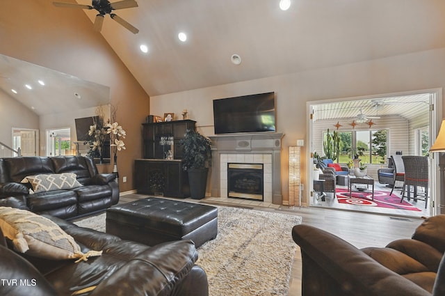 17308 Crabtree Ct, Bristol, VA 24202 - living area with a ceiling fan, recessed lighting, wood finished floors, plenty of natural light, and high vaulted ceiling