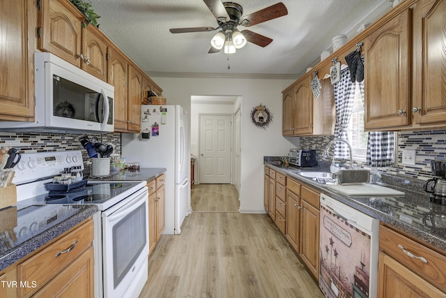 1905 Knob Creek Rd Unit 11, Johnson City, TN 37604 - kitchen with white appliances, light wood finished floors, a ceiling fan, decorative backsplash, and ornamental molding
