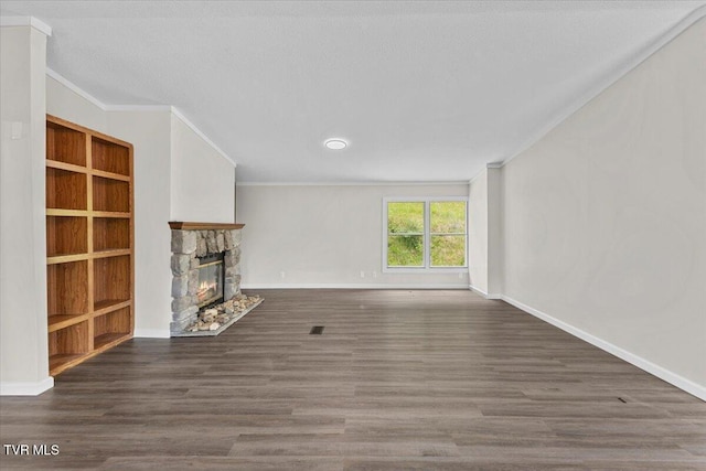 14450 Rattle Creek Rd, Abingdon, VA 24210 - unfurnished living room with a fireplace, ornamental molding, wood finished floors, baseboards, and built in features