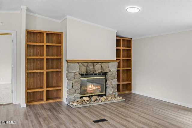 14450 Rattle Creek Rd, Abingdon, VA 24210 - unfurnished living room featuring wood finished floors, a fireplace, baseboards, and crown molding