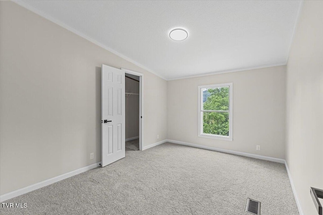 14450 Rattle Creek Rd, Abingdon, VA 24210 - unfurnished bedroom with carpet, crown molding, baseboards, a spacious closet, and lofted ceiling