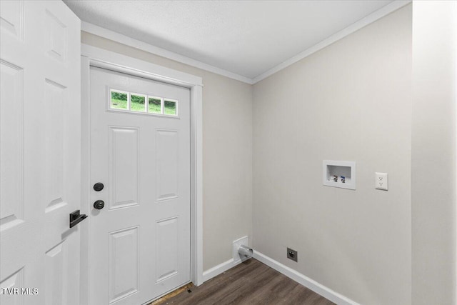 14450 Rattle Creek Rd, Abingdon, VA 24210 - laundry room with baseboards, dark wood-type flooring, hookup for a washing machine, ornamental molding, and hookup for an electric dryer