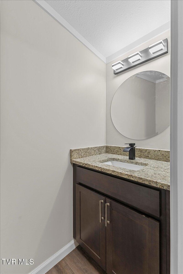 14450 Rattle Creek Rd, Abingdon, VA 24210 - bathroom featuring vanity, wood finished floors, a textured ceiling, baseboards, and ornamental molding