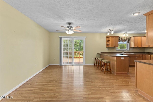152 Ezee St, Elizabethton, TN 37643 - kitchen with dark countertops, light wood finished floors, open shelves, a breakfast bar, and a textured ceiling